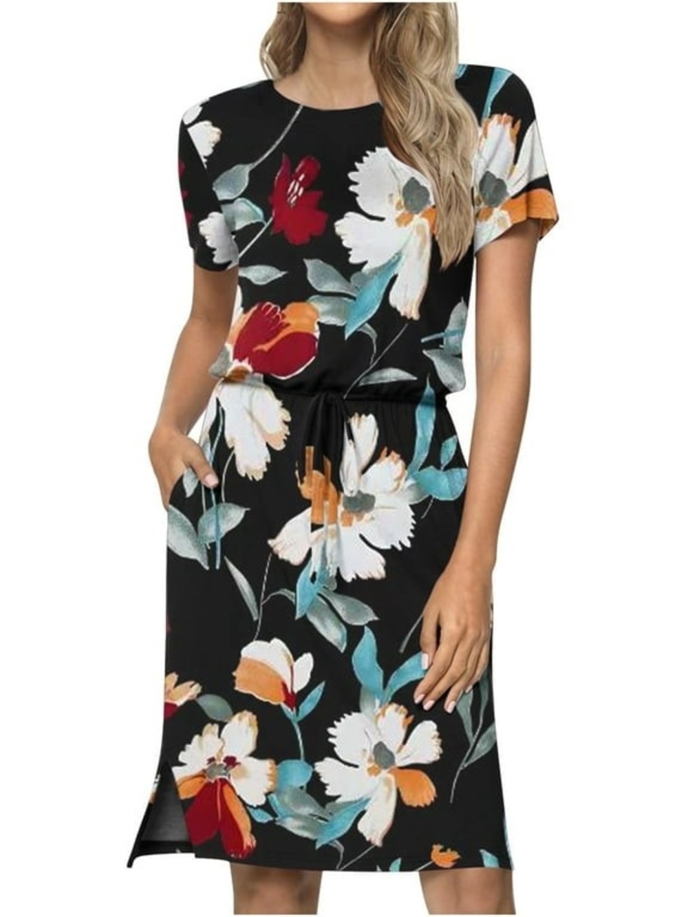 NWOT Floral Drawstring Waist Black Midi Dress